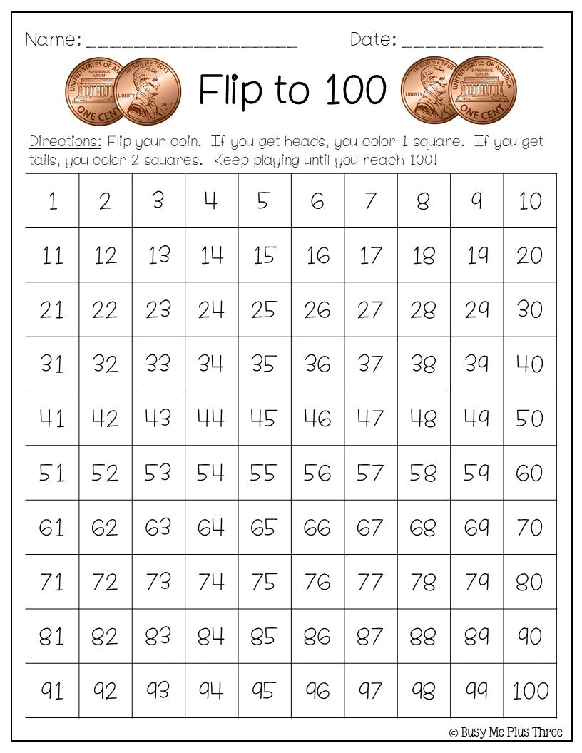 100th Day of School Game Roll and Flip to 100 Coins and Dice