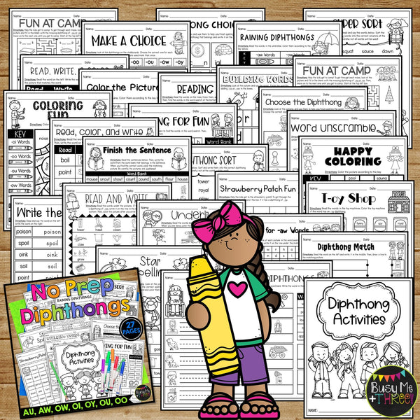 Diphthongs Ou, Ow, Oi, Oy, Au, Aw Words Worksheets Activities No Prep Printables