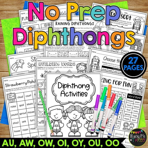 Diphthongs Ou, Ow, Oi, Oy, Au, Aw Words Worksheets Activities No Prep Printables