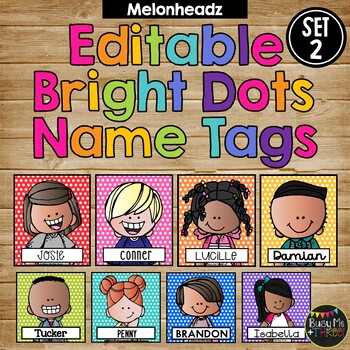 Editable Name Tags and Labels SET 2 Melonheadz BRIGHT Polka Dots {216 Kids}