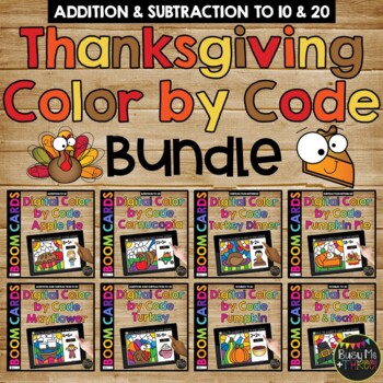 THANKSGIVING Boom Cards™ DIGITAL Color by Code BUNDLE, 8 Decks Add & Subtract
