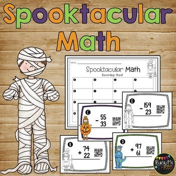 Halloween Math Game, Addition and Subtraction Scoot, NO Regrouping {QR Codes}