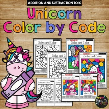 Unicorn Addition Color By Number Worksheets