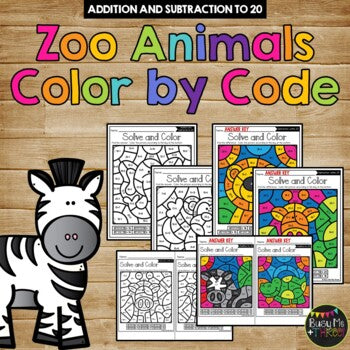 Color by Code ZOO ANIMALS Color by Number {Addition & Subtraction to 20}