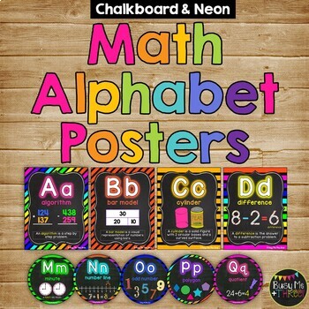 MATH ALPHABET Posters and Word Wall Labels, Chalkboard & Neon Vocabulary
