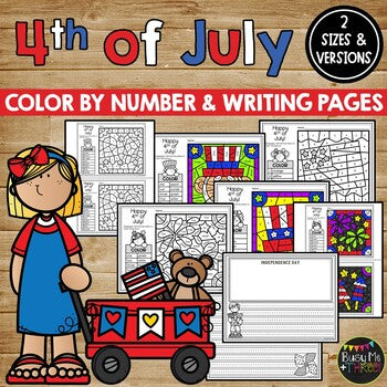 Fourth of July Activities for Writing & Math Color by Number & Writing Pages 4th