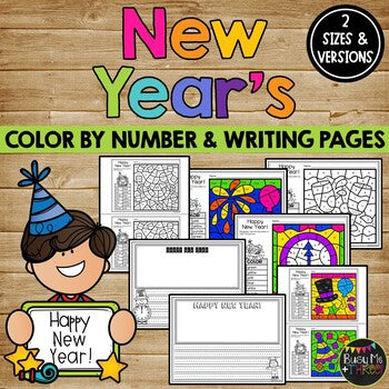 New Years 2022 Activities for Math and Writing, Color by Number & Writing Sheets