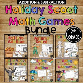 Second Grade Math Stations Scoot Games Addition and Subtraction HOLIDAY EDITION