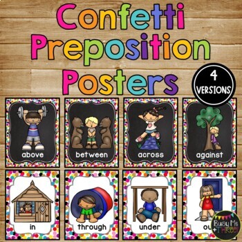 Preposition Posters and Signs CONFETTI and Chalkboard Classroom Decor