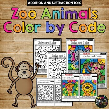 Color by Code ZOO ANIMALS Color by Number {Addition & Subtraction to 10}