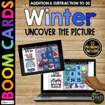 WINTER Boom Cards™ Uncover the Picture Set 1 Adding & Subtracting to 20