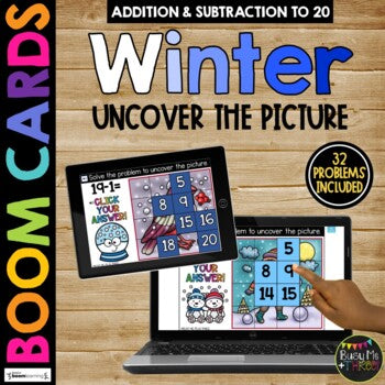 WINTER Boom Cards™ Uncover the Picture Set 1 Adding & Subtracting to 20