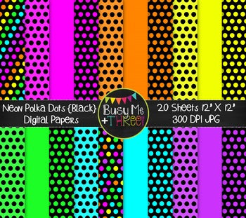 Neon Polka Dots on BLACK Digital Papers {Commercial Use Digital Graphics}