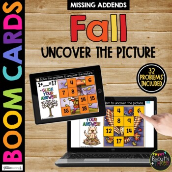 Boom Cards™ FALL Uncover the Picture Set 3 Missing Addends with Sums to 20