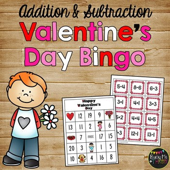 Valentine's Day Bingo, Addition and Subtraction Math Bingo Game