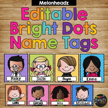 Editable Name Tags and Labels Melonheadz BRIGHT Polka Dots {168 Kids}