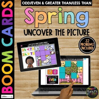 SPRING Boom Cards™ Uncover the Picture Set 3 Odd & Even Greater Than & Less Than