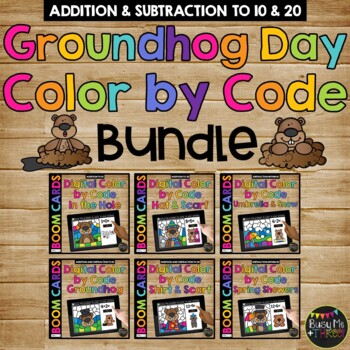 Boom Cards™ Groundhog Day DIGITAL Color by Code BUNDLE 6 Decks Add & Subtract