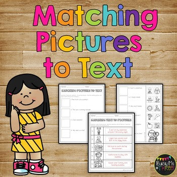 Matching Pictures to Text Worksheet, Reading Strategies, Kinder & 1st Grade