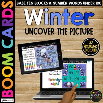 WINTER Boom Cards™ Uncover the Picture Set 3 Place Value Base Ten & Word Form