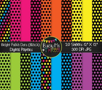 Bright Polka Dots on BLACK Digital Papers {Commercial Use Digital Graphics}