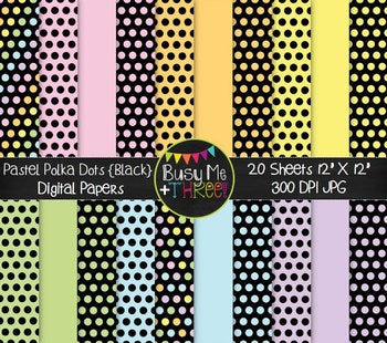 Pastel Polka Dots on Black Digital Papers {Commercial Use Digital Graphics}