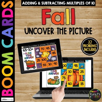 Boom Cards™ FALL Uncover the Picture Set 1 Adding & Subtracting Multiples of 10