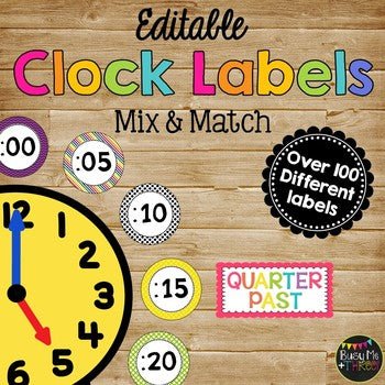 CLOCK LABELS in Primary, Bright, and Basic Black and White Colors, EDITABLE