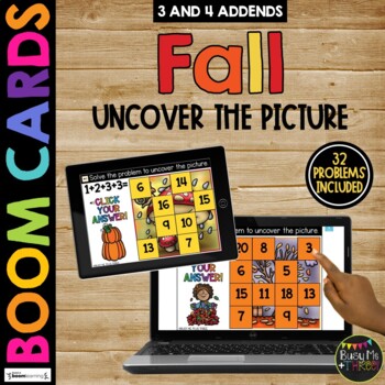 Boom Cards™ FALL Uncover the Picture Set 2 Adding 3 & 4 Addends Mystery Picture