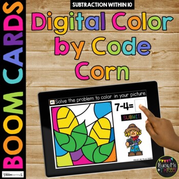 Boom Cards™ Fall Color by Code CORN Digital Learning Activity, Subtraction to 10