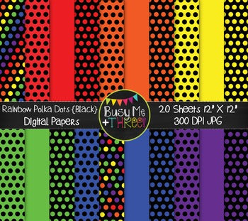 Rainbow Polka Dots on BLACK Digital Papers {Commercial Use Digital Graphics}