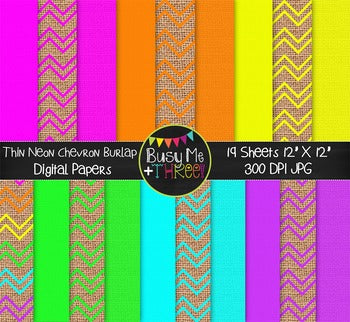 Thin Neon Chevron BURLAP Digital Papers {Commercial Use Digital Graphics}
