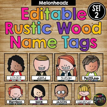 Editable Name Tags and Labels SET 2 Melonheadz RUSTIC WOOD FARMHOUSE {216 Kids}