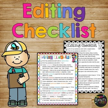 Editing Checklist for Writing, First Grade and Second Grade