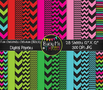 Christmas Digital Papers Fun Chevron on Black {Commercial Use Digital Graphics}