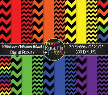 Large Rainbow Chevron {BLACK} Digital Papers {Commercial Use Digital Graphics}