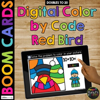 Winter Boom Cards™ Digital Color by Code RED BIRD Distance Learning Doubles