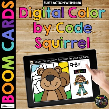 Fall Boom Cards™ Color by Code SQUIRREL Digital Learning Activity, Subtraction
