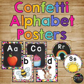 Alphabet Posters and Word Wall Labels Rainbow Confetti White and Chalkboard