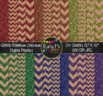 GLITTER Rainbow Chevron Burlap Digital Papers {Commercial Use Digital Graphics}