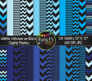 Winter Digital Papers Chevron on Black {Commercial Use Digital Graphics}