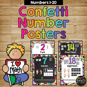 Number Posters 1-20 CONFETTI THEME in White and Chalkboard