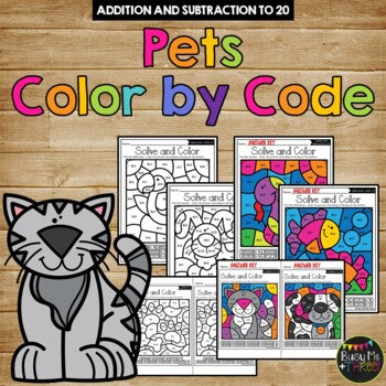 Color by Code PETS and Animals Color by Number {Addition & Subtraction to 20}