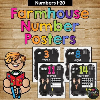 Number Posters 1-20 FARMHOUSE AND CHALKBOARD White Wood Shiplap