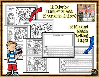 Veterans Day Activities for Writing and Math | Color by Number and Writing Pages