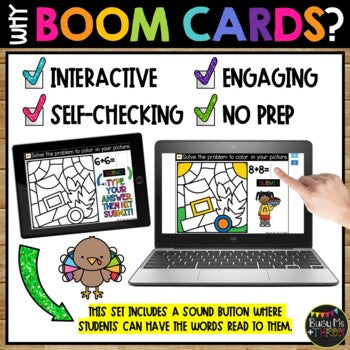 Thanksgiving Boom Cards™ Digital Color by Code HATS Distance Learning, Doubles