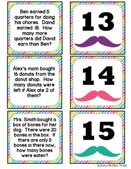 SUBTRACTION Word Problems, I Mustache You Some Questions, Numbers 1-20