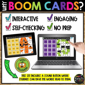 Boom Cards™ Halloween Math Puzzles Digital Learning Activity, Mystery Pictures