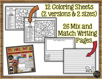THANKSGIVING Activities for Writing and Math | Color by Number and Writing Pages