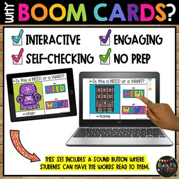 Needs and Wants BOOM CARDS™ Distance Learning Kindergarten, 1st Grade, 2nd Grade